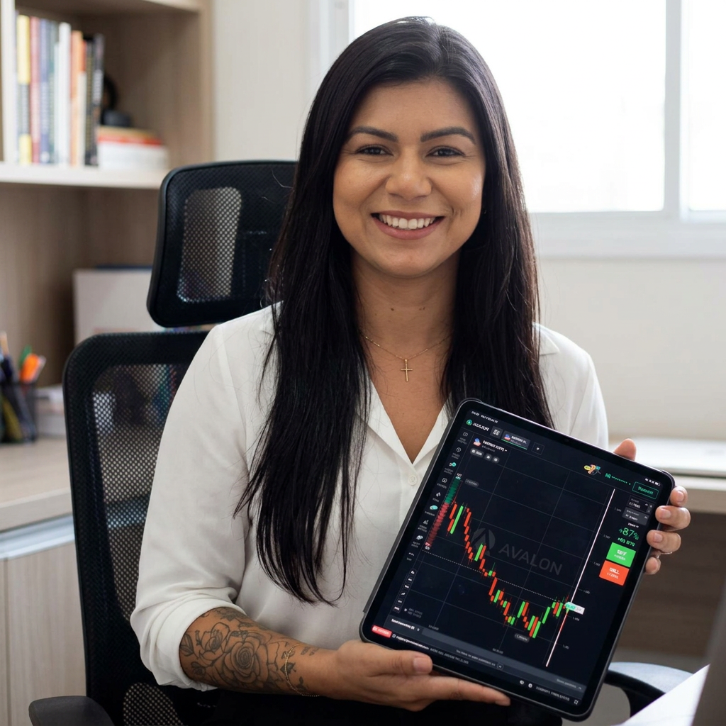 Mari Trader segurando tablet com gr&aacute;fico do Avalon